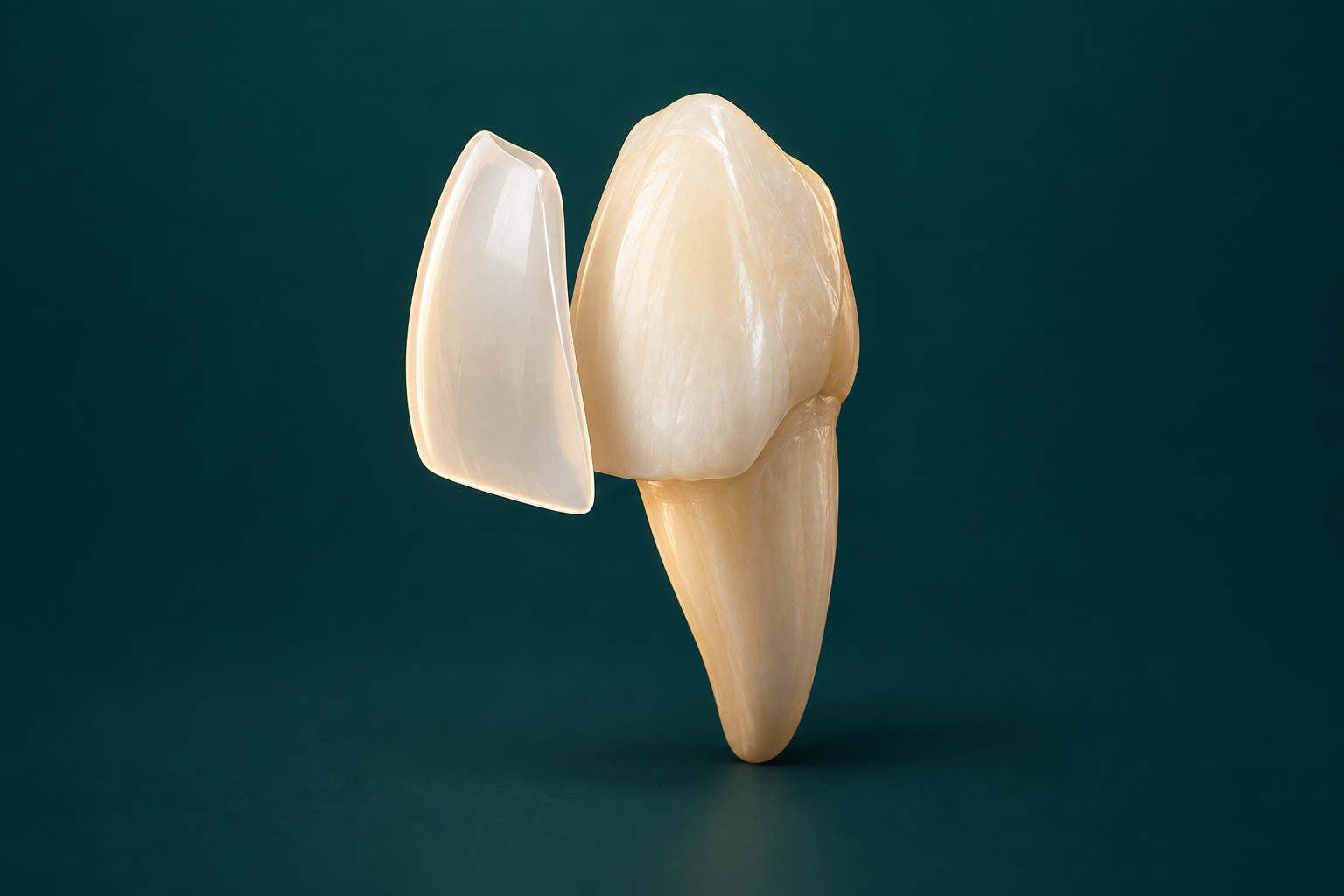 Conceptual illustration of a thin ceramic veneer in front of a tooth